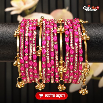 Kashmiri Churi – Pink Leaf Crystal Stone Bangles