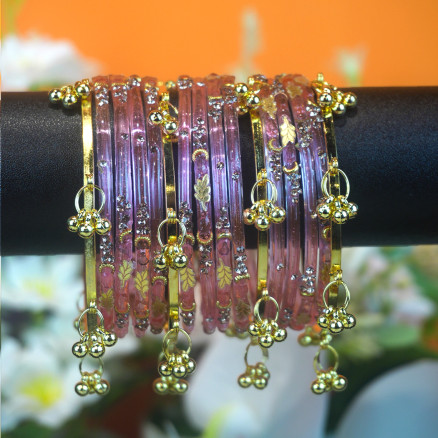 Kashmiri Churi Set - Baby Pink Leaf Design Stone Studded Bangles with Ghunghroo Drops