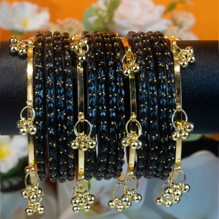 Kashmiri Churi Set - Black Stone Studded Bangles with Ghunghroo Drops