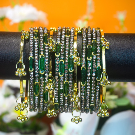 Kashmiri Churi Set - Green & Golden Stone Studded Bangles with Ghunghroo Drops
