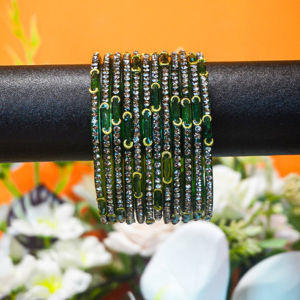 Kashmiri Churi Set - Green Stone with Rhinestone Design Bangles