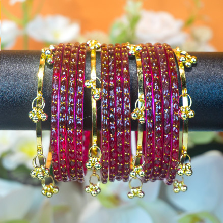 Kashmiri Churi Set - Magenta Stone Studded Bangles with Ghunghroo Drops