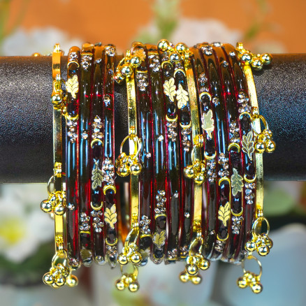Kashmiri Churi Set - Maroon & Black Leaf Design Bangles with Ghunghroo Drops