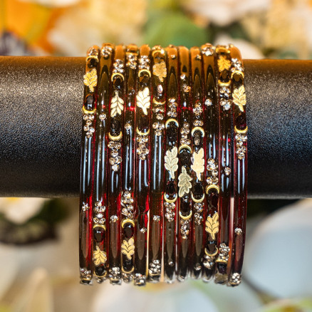 Kashmiri Churi Set - Maroon & Golden Leaf Design Stone Studded Bangles