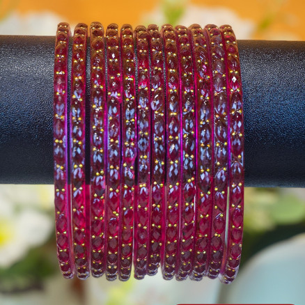 Kashmiri Churi Set - Maroon Wine Stone Studded Bangles Gold Leaf Design