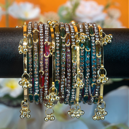 Kashmiri Churi Set - Multicolor Stone Studded Bangles with Ghunghroo Drops